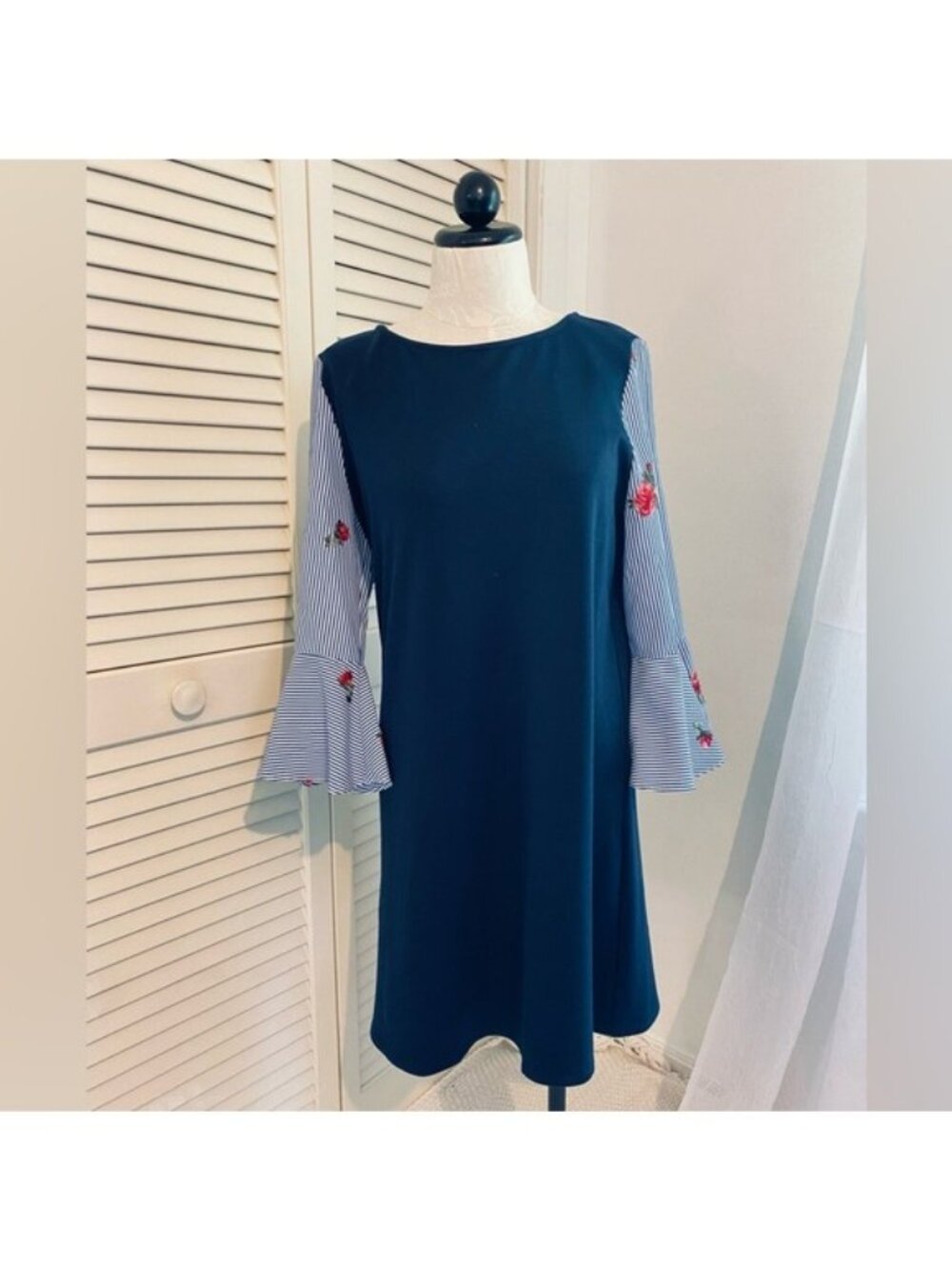 AGB Preppy Navy Dress With Striped Floral Bell Sleeves Size L